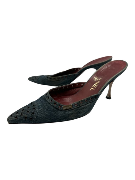 Chanel Shoe Size 37.5 Blue & Silver Denim Pointed Toe Grommets Kitten Heel Mules Blue & Silver / 37.5