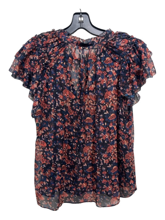 Ulla Johnson Size 10 Navy Blue & Pink Silk Floral Metallic Thread Sheer Top Navy Blue & Pink / 10