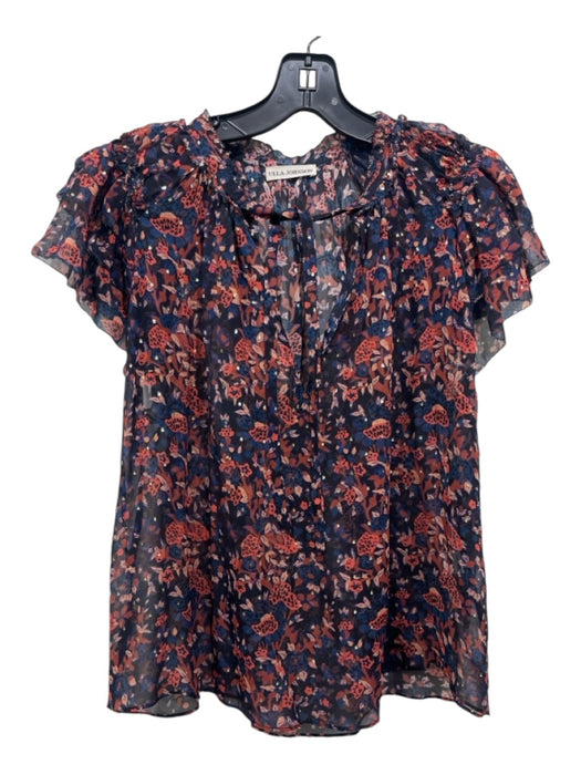 Ulla Johnson Size 10 Navy Blue & Pink Silk Floral Metallic Thread Sheer Top Navy Blue & Pink / 10