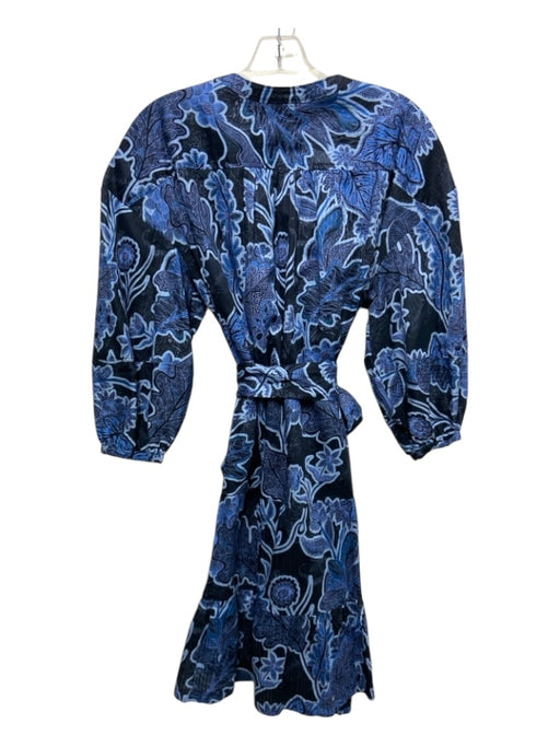 Parker Size M Blue Print Cotton Floral Half Puff Sleeve Tie Neck V Neck Dress Blue Print / M