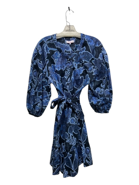 Parker Size M Blue Print Cotton Floral Half Puff Sleeve Tie Neck V Neck Dress Blue Print / M