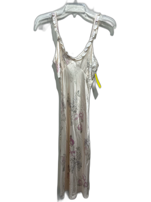 Rouje Size 34 Beige, Pink, Gray Viscose Sleeveless Floral Ruffles Satin Dress Beige, Pink, Gray / 34