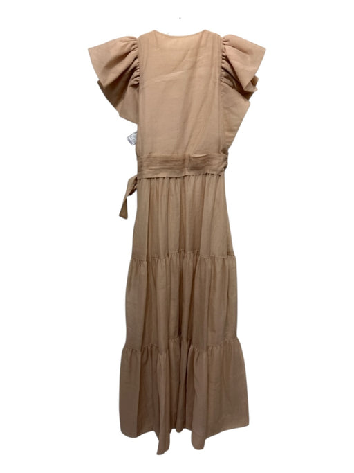 Jonathan Simkhai Size 4 Tan Polyester V Neck Ruffle Tiered Tie Belt Dress Tan / 4