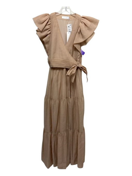 Jonathan Simkhai Size 4 Tan Polyester V Neck Ruffle Tiered Tie Belt Dress Tan / 4