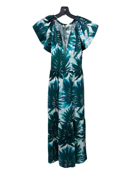 Marie Oliver Size XS Green & Multi Linen Tie Dye Tiered Ruffle V Neck Dress Green & Multi / XS