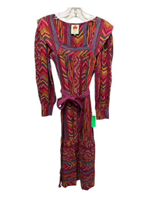 Farm Rio Size XS Red, Yellow, Multi Cotton Long Sleeve Abstract Stripe Dress Red, Yellow, Multi / XS