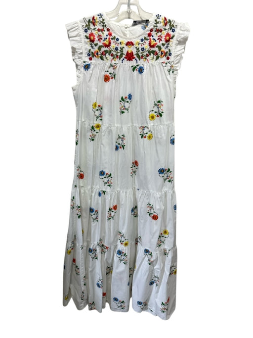 Zara Size S White & Multi Cotton Embroidered Flowers Ruffle Trim Tiered Dress White & Multi / S
