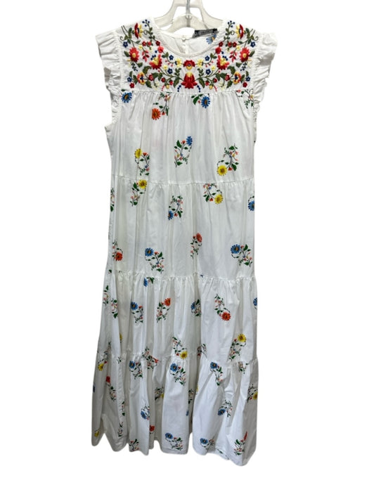 Zara Size S White & Multi Cotton Embroidered Flowers Ruffle Trim Tiered Dress White & Multi / S