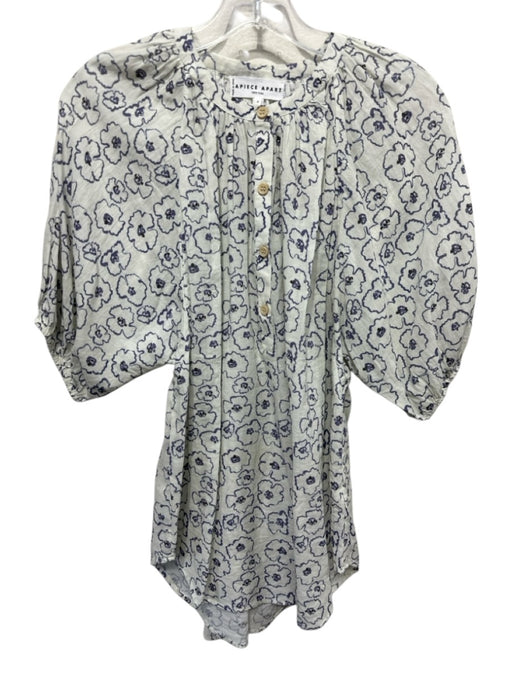 Apiece Apart Size S Cream White & Purple Cotton Flowers Short Puff Sleeve Top Cream White & Purple / S