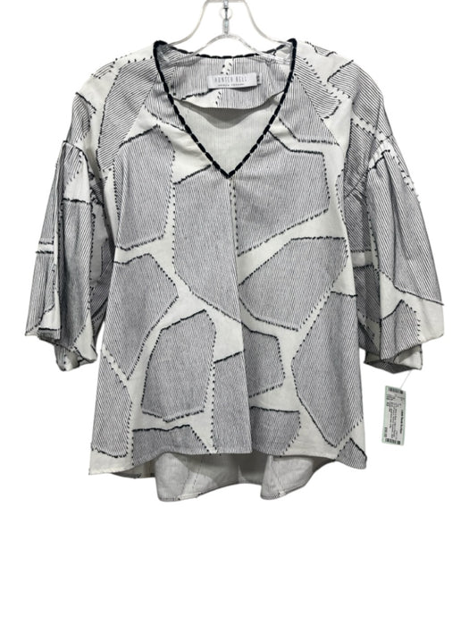 Hunter Bell Size XS White & Black Cotton & Polyester 3/4 Puff Sleeve V Neck Top White & Black / XS