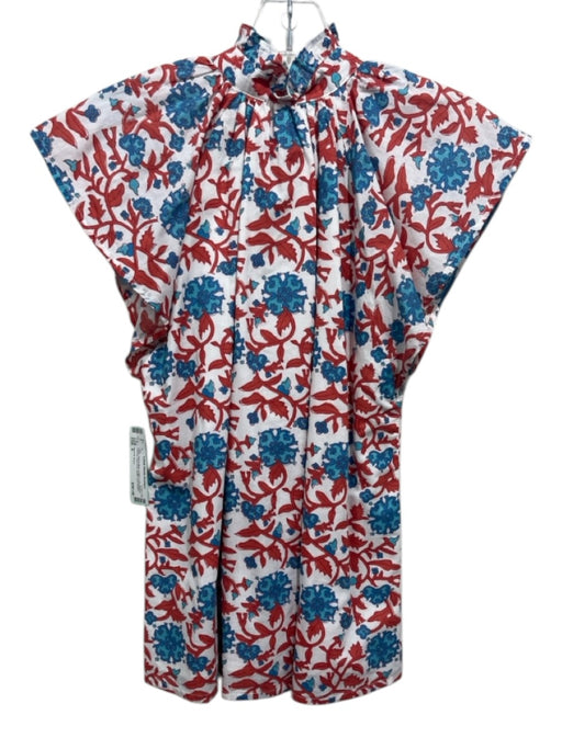 Victoria Dunn Size S White, Red & Blue Cotton Cap Sleeve Floral & Leaf Print Top White, Red & Blue / S