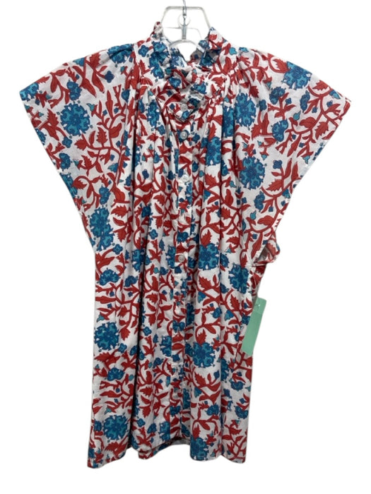 Victoria Dunn Size S White, Red & Blue Cotton Cap Sleeve Floral & Leaf Print Top White, Red & Blue / S