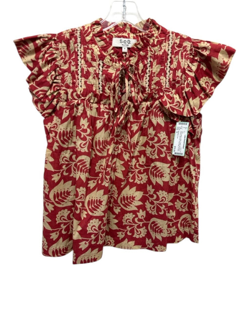 Sea New York Size S Red & Beige Cotton Flutter Cap sleeve Pleat Detail Top Red & Beige / S