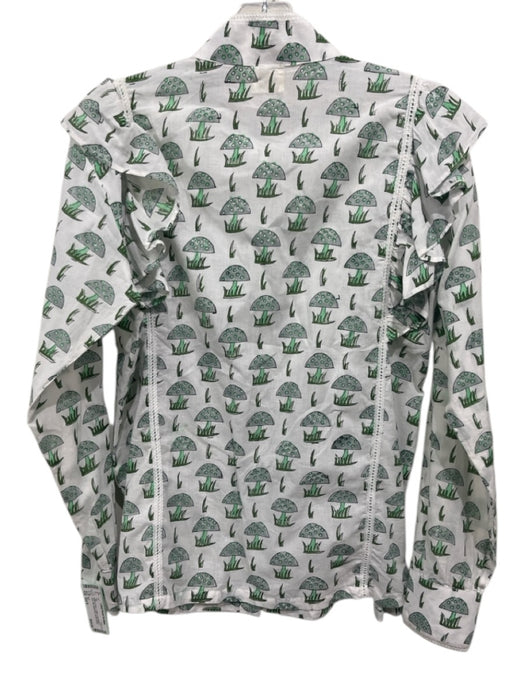 SLV Size Est S White & Green Cotton Long Sleeve Lace Trim Mushroom Top White & Green / Est S