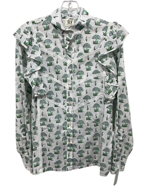 SLV Size Est S White & Green Cotton Long Sleeve Lace Trim Mushroom Top White & Green / Est S