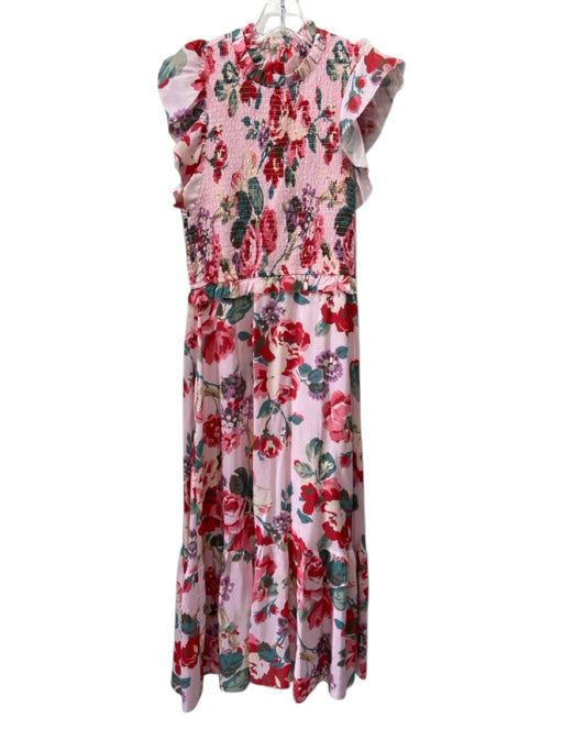 Sea New York Size M Pink, Green, Red Silk Shirred Floral high neck Midi Dress Pink, Green, Red / M