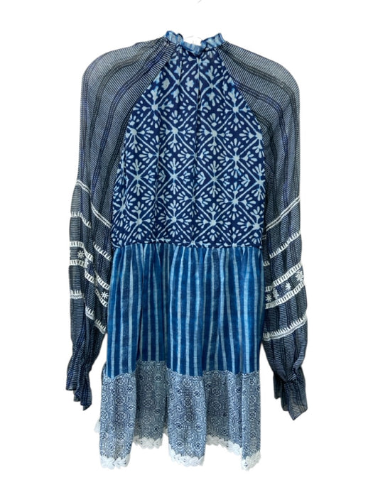 Hemant & Nandita Size S Blue & White Viscose Long Sleeve Geometric Pom Pom Dress Blue & White / S