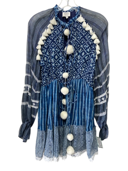 Hemant & Nandita Size S Blue & White Viscose Long Sleeve Geometric Pom Pom Dress Blue & White / S