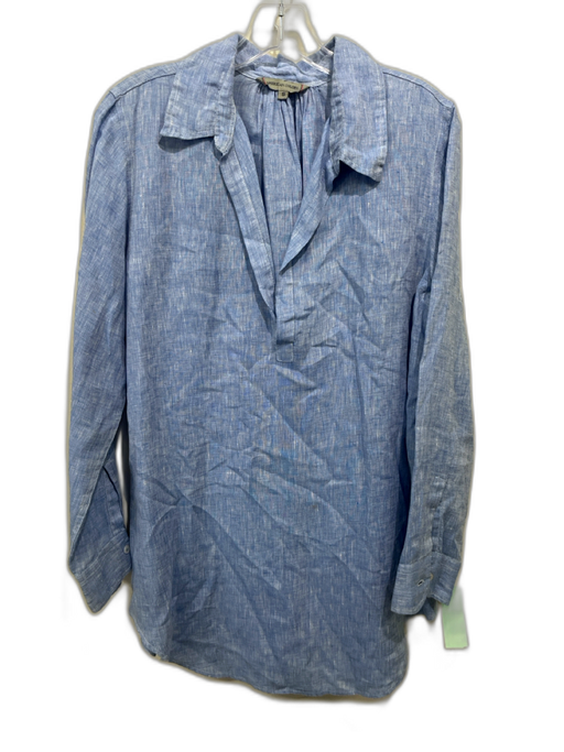 American Colors Size S Blue Linen Collared Heathered V Neck Long Sleeve Top Blue / S
