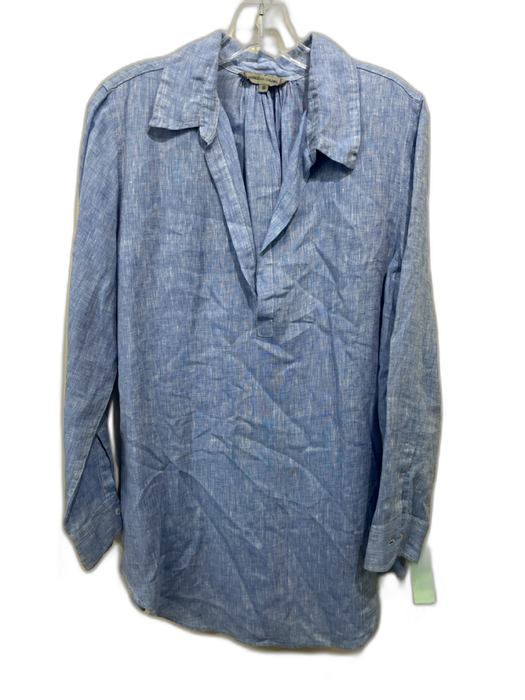 American Colors Size S Blue Linen Collared Heathered V Neck Long Sleeve Top Blue / S