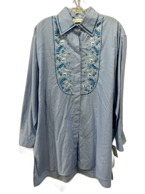 Etro Size M/44 Blue Cotton Embroidered Flowers Long Sleeve Button Down Top Blue / M/44