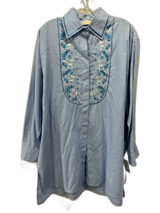 Etro Size M/44 Blue Cotton Embroidered Flowers Long Sleeve Button Down Top Blue / M/44
