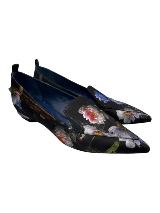 Nicholas Kirkwood Shoe Size 41 Black & Multi Satin Pointed Toe Floral Loafers Black & Multi / 41