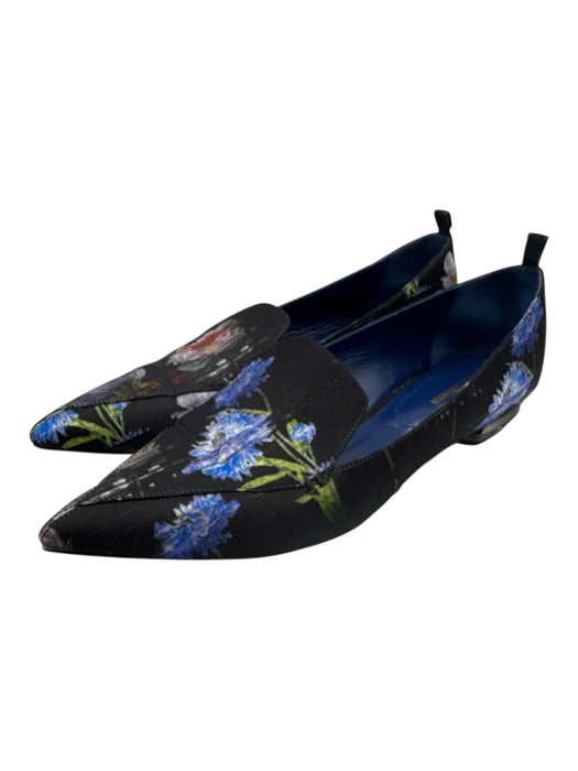 Nicholas Kirkwood Shoe Size 41 Black & Multi Satin Pointed Toe Floral Loafers Black & Multi / 41