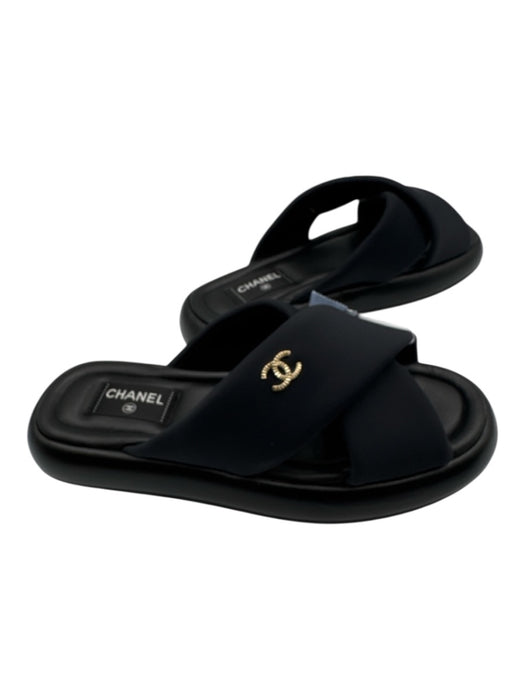 Chanel Shoe Size 41 Black Leather Criss Cross CC Logo puffy Slide Sandals Black / 41
