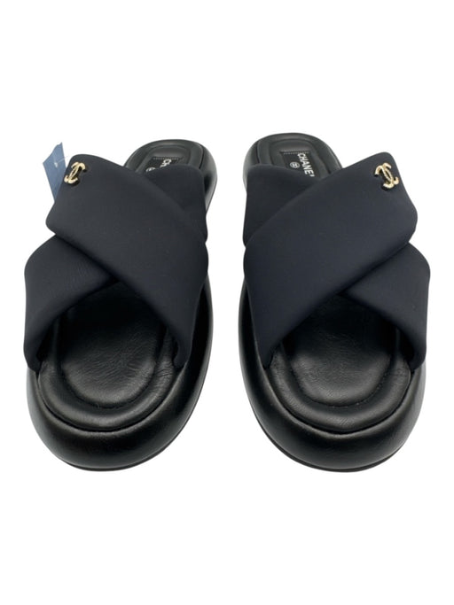 Chanel Shoe Size 41 Black Leather Criss Cross CC Logo puffy Slide Sandals Black / 41