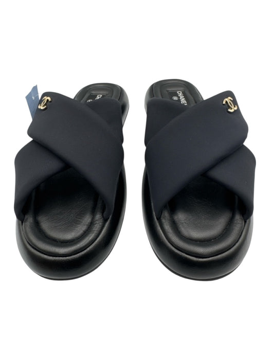 Chanel Shoe Size 41 Black Leather Criss Cross CC Logo puffy Slide Sandals Black / 41