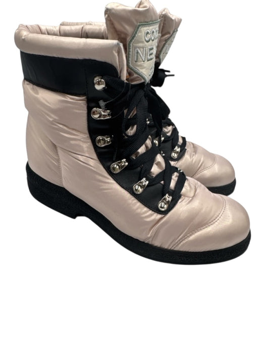 Chanel Shoe Size 40 Dusty Pink & Black Nylon & Leather Lace Up Puffer Logo Boots Dusty Pink & Black / 40