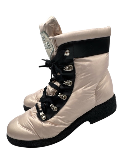 Chanel Shoe Size 40 Dusty Pink & Black Nylon & Leather Lace Up Puffer Logo Boots Dusty Pink & Black / 40
