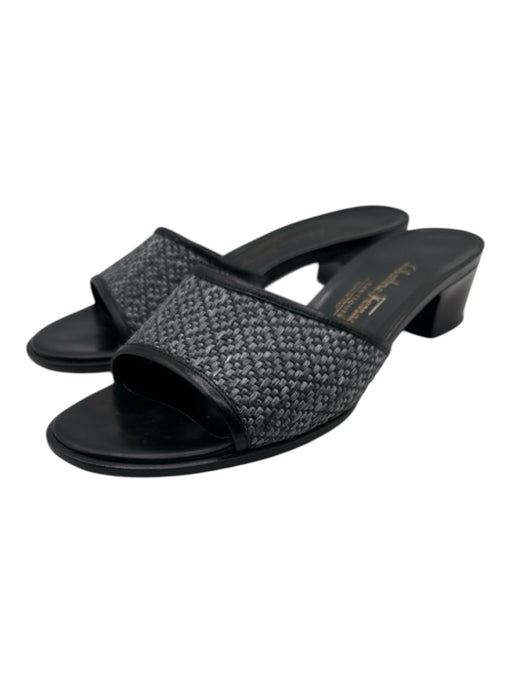 Salvatore Ferragamo Shoe Size 7 Gray & Black Leather Raffia Woven Sandals Gray & Black / 7