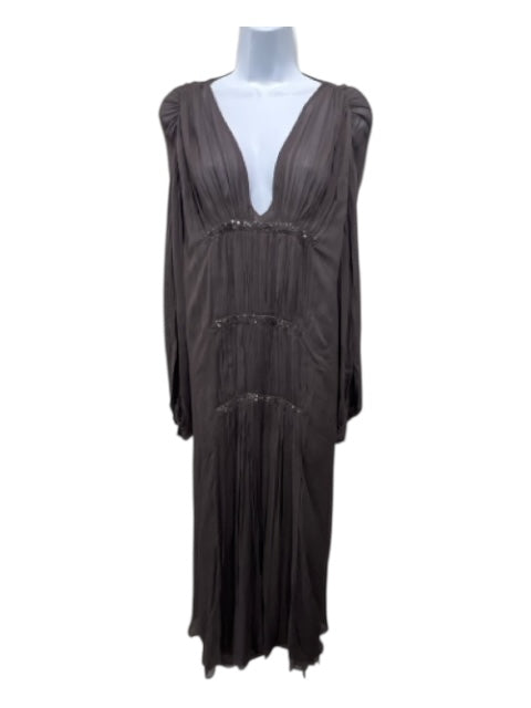 Zara Size M Brown Viscose V Neck Sequined Crinkle Pleats Dress Brown / M