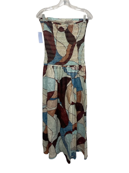 Roame Size M Brown, Blue & Cream Linen Strapless Shirred Bodice A line Dress Brown, Blue & Cream / M