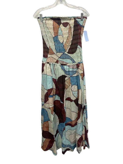 Roame Size M Brown, Blue & Cream Linen Strapless Shirred Bodice A line Dress Brown, Blue & Cream / M