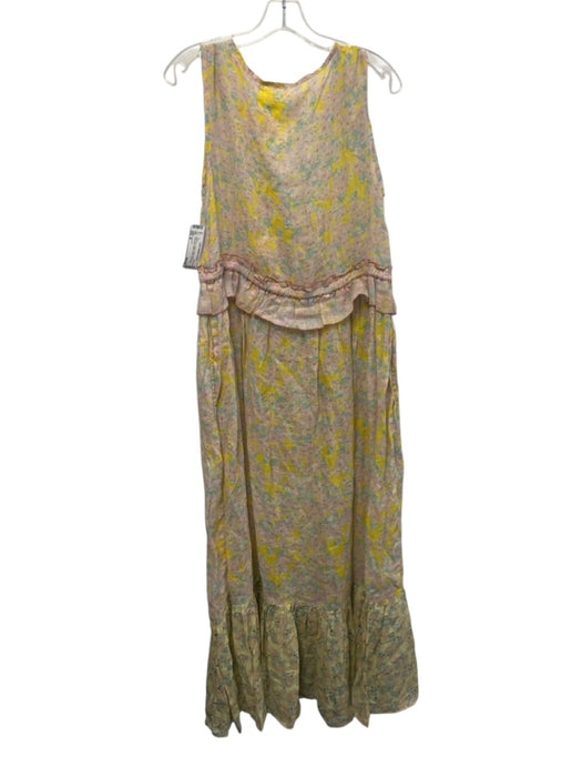 Yvonne S Size M Pink, Yellow & Aqua Linen Sleeveless Floral V Neck Dress Pink, Yellow & Aqua / M