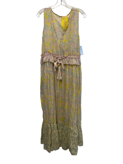 Yvonne S Size M Pink, Yellow & Aqua Linen Sleeveless Floral V Neck Dress Pink, Yellow & Aqua / M