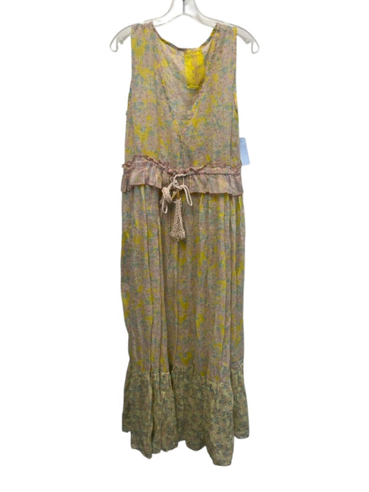 Yvonne S Size M Pink, Yellow & Aqua Linen Sleeveless Floral V Neck Dress Pink, Yellow & Aqua / M