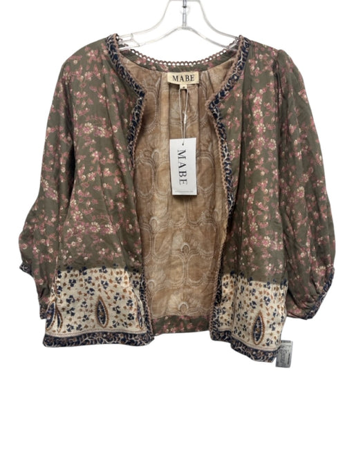 M.A.B.E Size M Taupe Brown & Pink Cotton & Silk Floral Paisley Open Front Jacket Taupe Brown & Pink / M