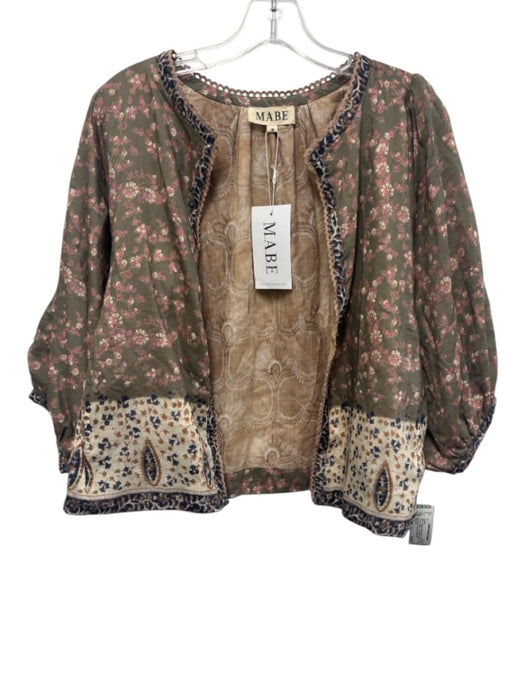 M.A.B.E Size M Taupe Brown & Pink Cotton & Silk Floral Paisley Open Front Jacket Taupe Brown & Pink / M