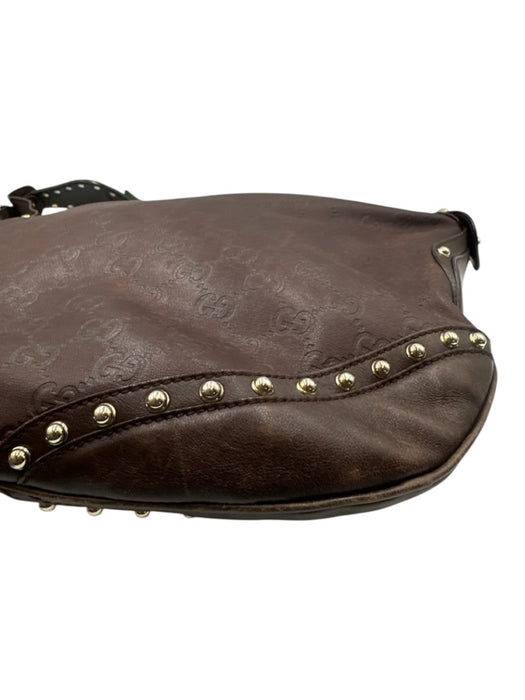 Gucci Dark Brown Leather Guccissima Studded Zip Top Shoulder Bag Dark Brown