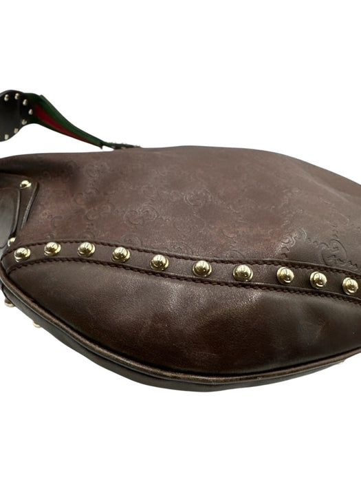 Gucci Dark Brown Leather Guccissima Studded Zip Top Shoulder Bag Dark Brown