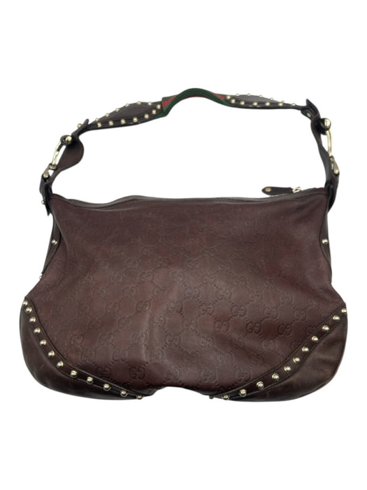 Gucci Dark Brown Leather Guccissima Studded Zip Top Shoulder Bag Dark Brown