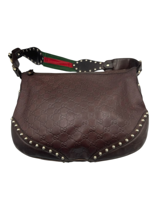 Gucci Dark Brown Leather Guccissima Studded Zip Top Shoulder Bag Dark Brown