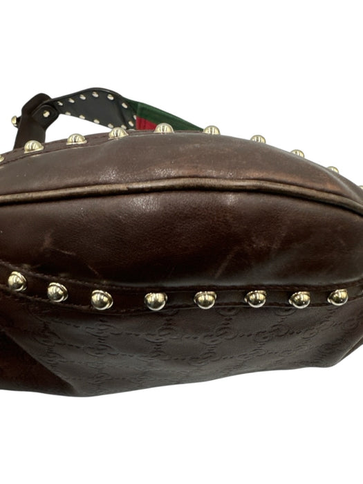 Gucci Dark Brown Leather Guccissima Studded Zip Top Shoulder Bag Dark Brown