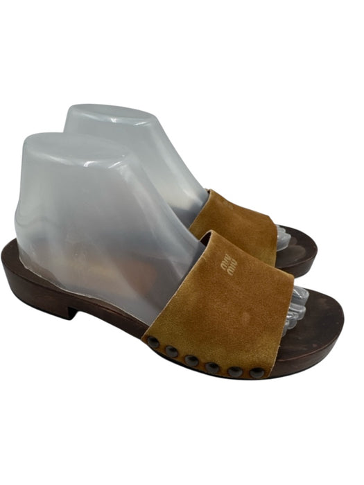 Miu Miu Shoe Size 37 Brown Suede Upper Logo Slide Wood Platform Clog Sandals Brown / 37