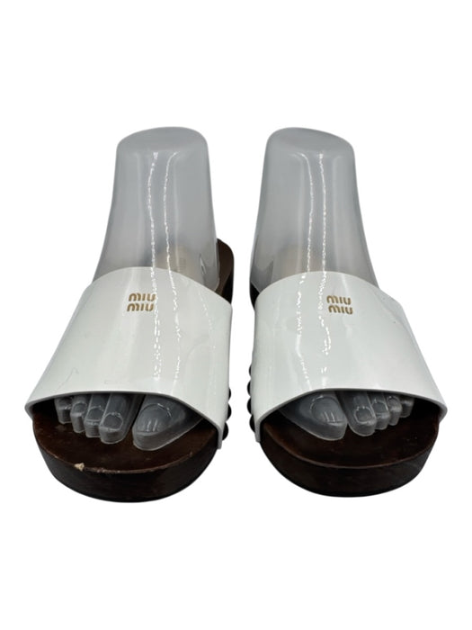 Miu Miu Shoe Size 37 Brown & White Patent Upper Logo Slide Wood Platform Sandals Brown & White / 37