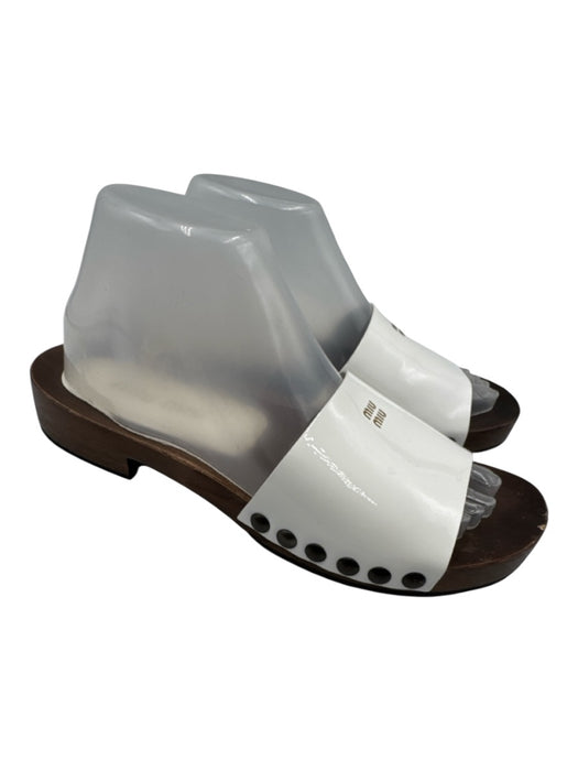 Miu Miu Shoe Size 37 Brown & White Patent Upper Logo Slide Wood Platform Sandals Brown & White / 37